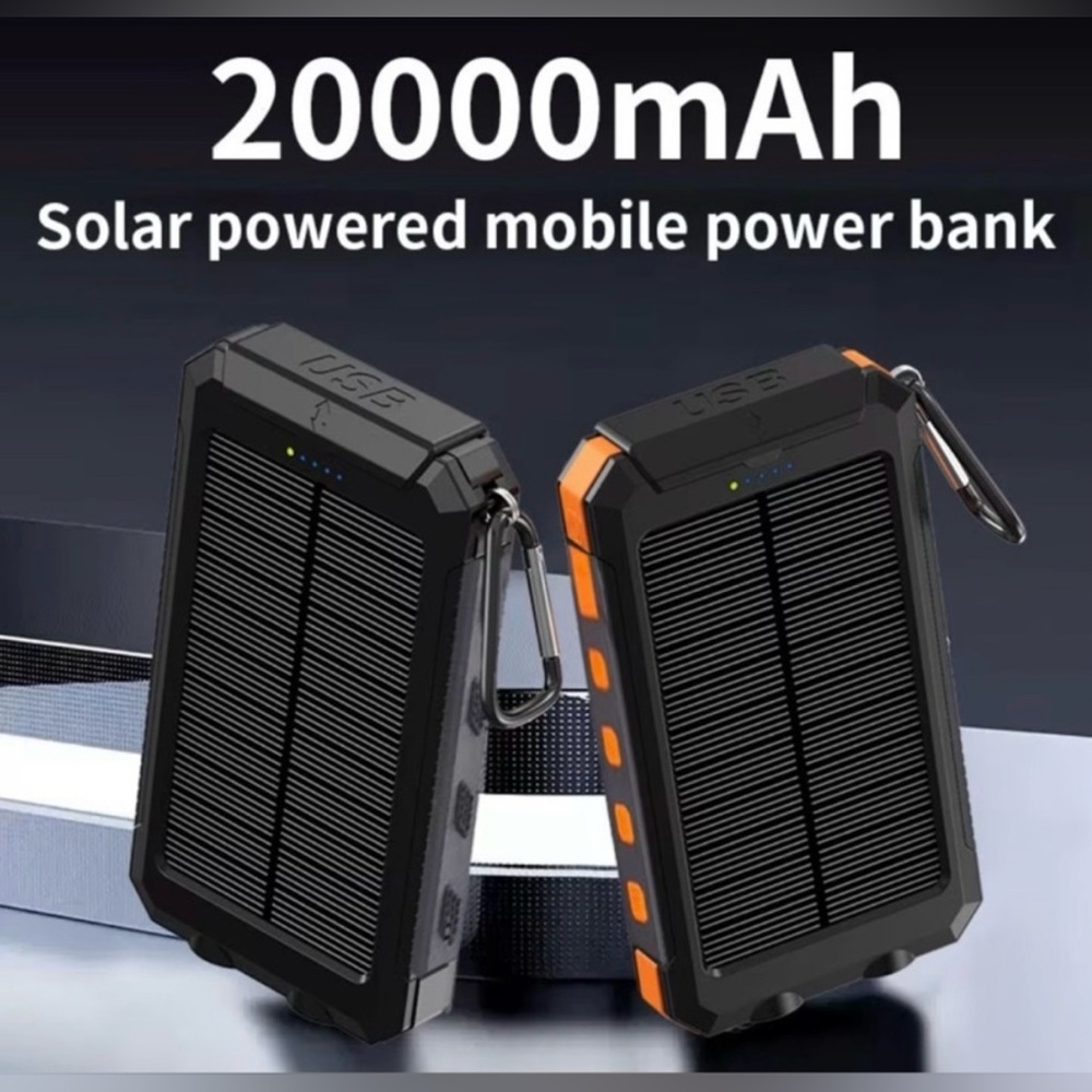 20000mAh Solar Powered Portable Power Bank - Black with Orange Accents. NIB